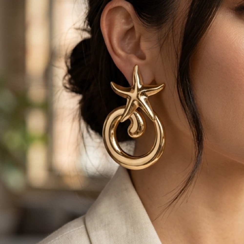 Natasha Gold Starfish Hoop Statement Earrings